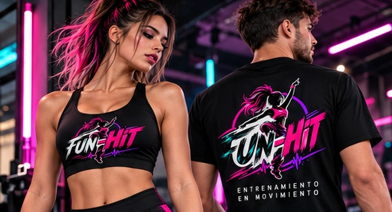 Dos personas con indumentaria FUN-HIT en una escena conceptual de la marca