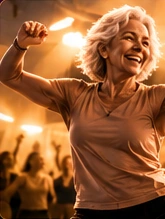 Mujer mayor bailando con una sonrisa