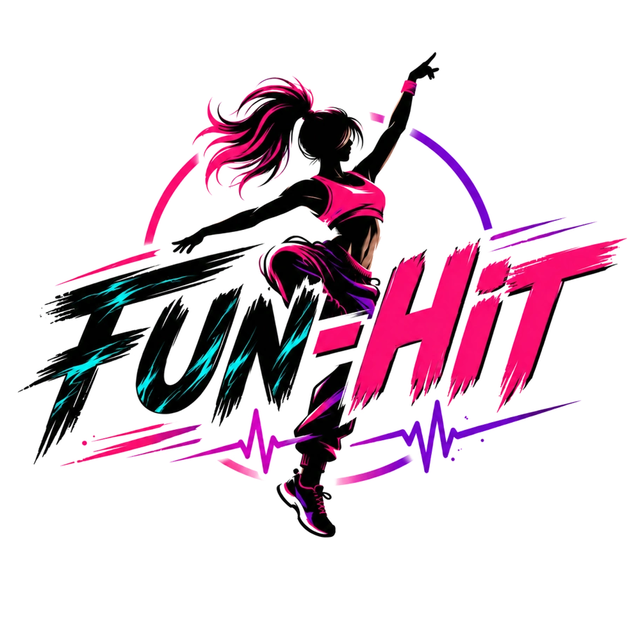 Logo elegido de FUN-HIT: FUN negro con vetas turquesa, HIT fucsia y una bailarina con arco y pulso violeta